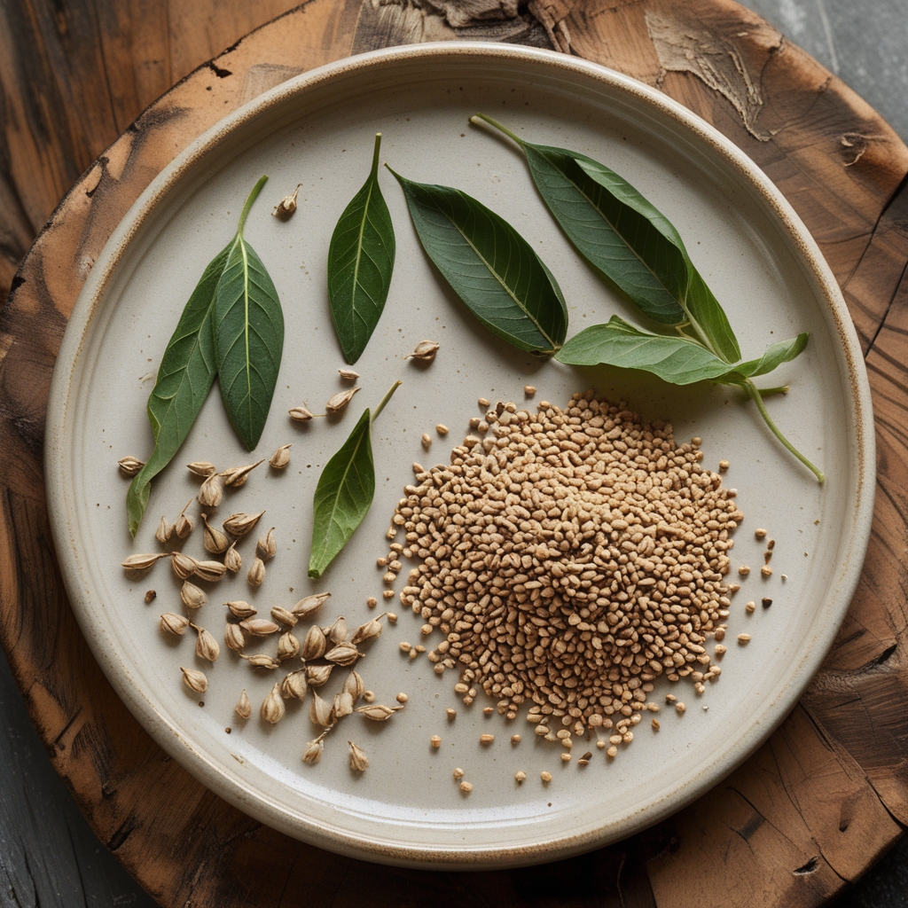 Dried fenugreek seeds scattered alongside whole pods and fresh green fenugreek leaves on a cream ceramic plate set on a wooden rustic table